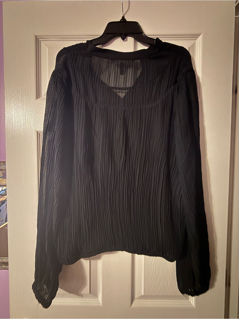 White House Black Market Black Pleated V-Neck Long Sleeve Blouse - Picture 6 of 6